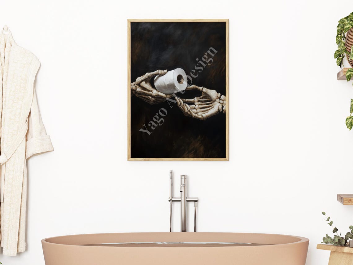 Skeleton Hands Offering Last Toilet Paper Roll Dark Humor Poster - Image 2