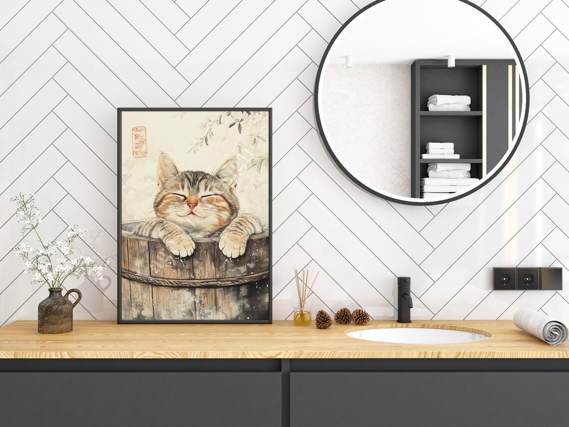 Tabby Cat in Wooden Barrel Bath Poster Japanese Watercolor Art - Image 3
