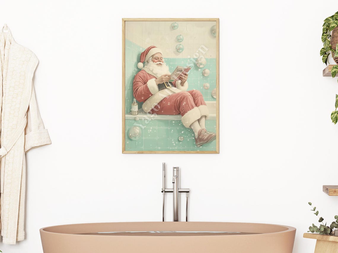Santa Claus Relaxing on Bathtub Edge Reading Cozy Christmas Poster - Image 2