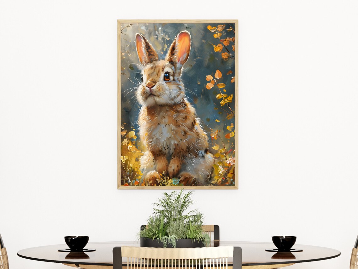 Cute Bunny Portrait among Autumn Leaves Warm Oil Painting Poster - Image 2