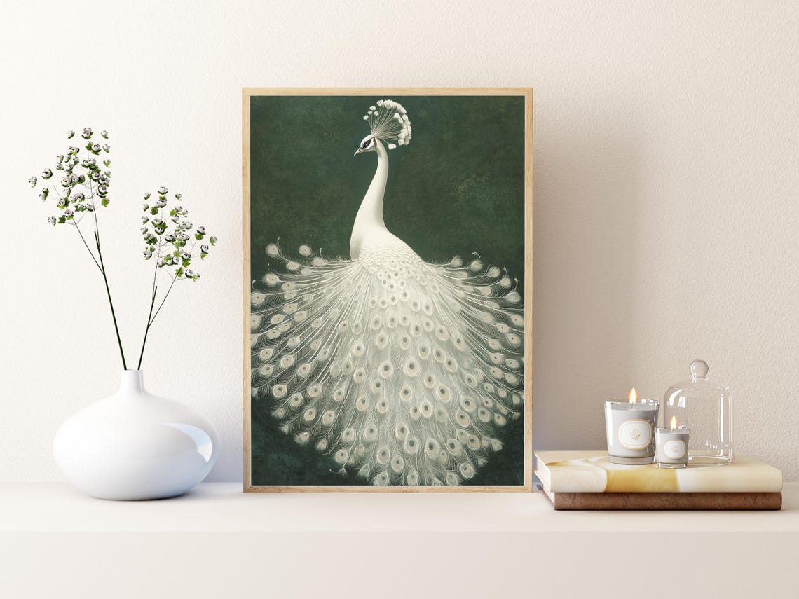 White Peacock with Fanned Tail on Dark Green Elegant Art Poster - Image 3