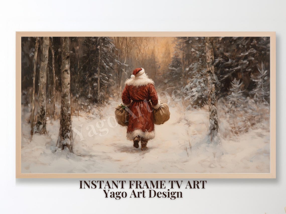 Santa Walking Into Snowy Forest With Gift Sacks Frame TV Art Poster