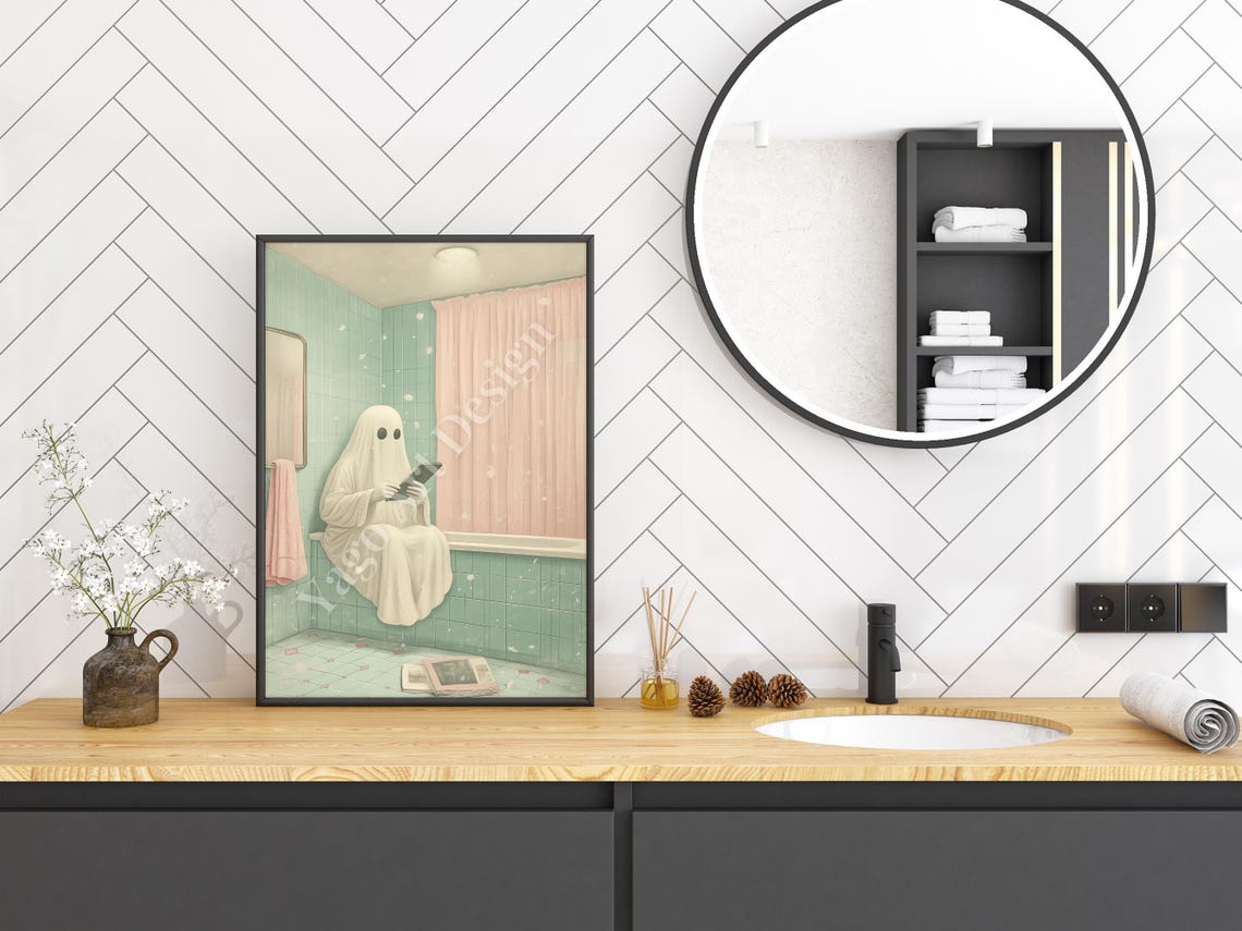 White Ghost Reading Book on Bathtub Edge Mint Bathroom Art Poster - Image 3