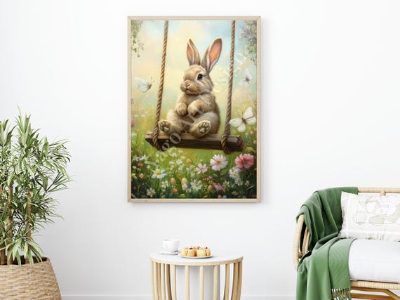 Cute Bunny On A Swing Wall Art Print Farmhouse Wall Decor Whimsical Animal Painting Sprin Wall Art Decor Nursery Bunny Art Painting