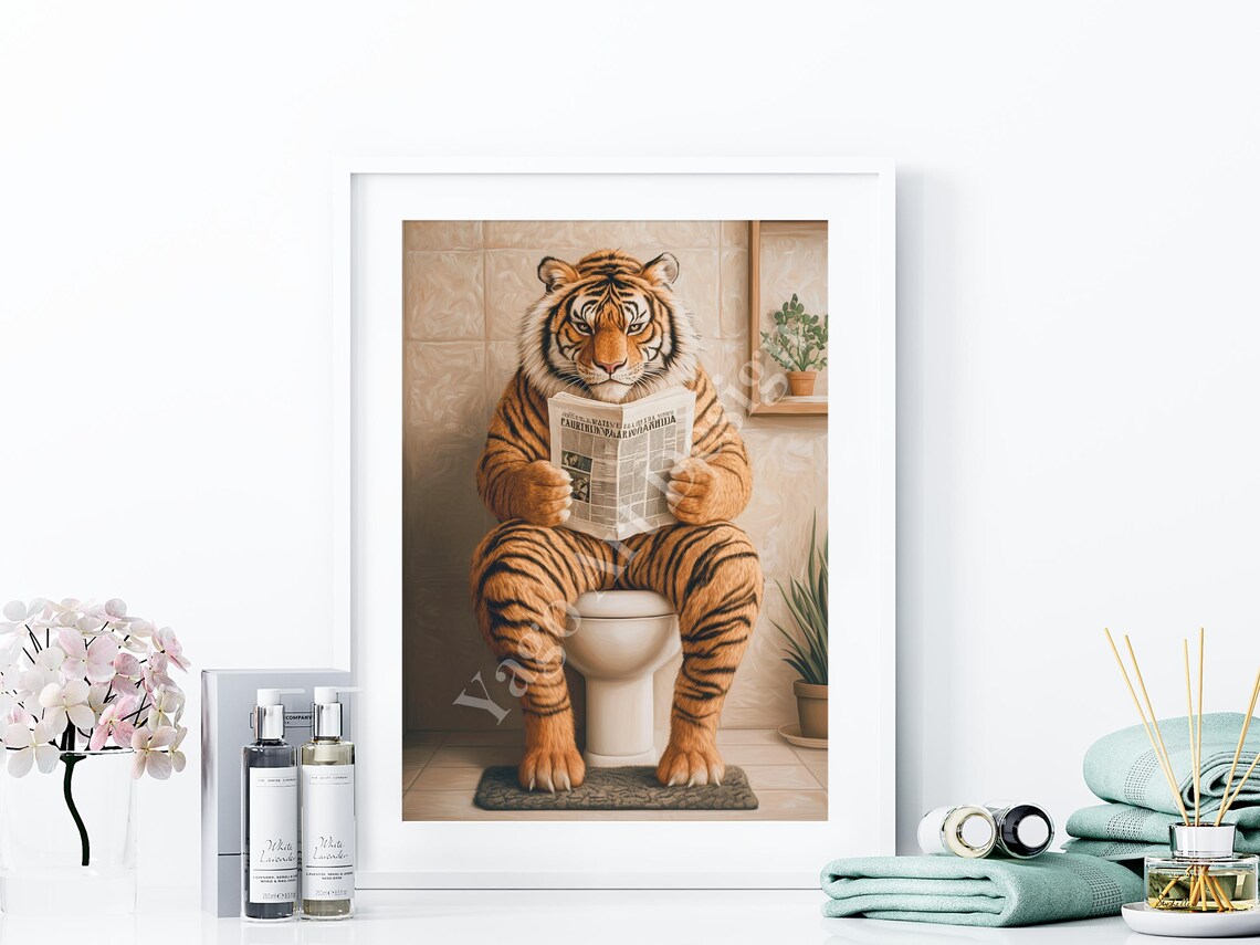 Tiger Reading Newspaper on Toilet Poster Funny Bathroom Humor - Image 4