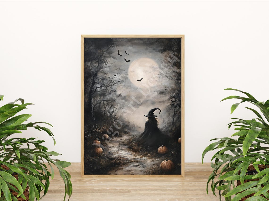 Spooky Witch Walking in Moonlit Forest with Pumpkins Halloween Poster - Image 2