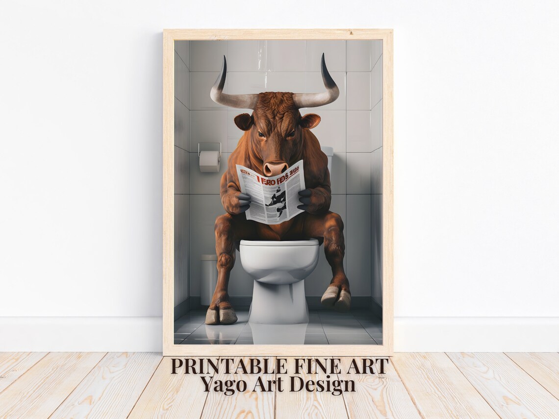 Funny Bull Reading Newspaper on Toilet Quirky Bathroom Art Poster