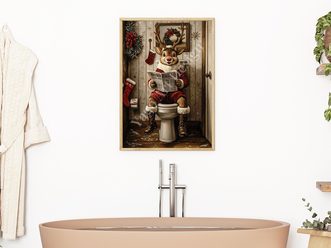 Rudolph on Toilet Reading Newspaper Poster Funny Christmas Decor - Image 2