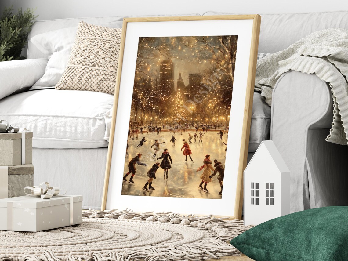 Vintage Ice Skating in Park Art Print, Holiday Decor - Image 3