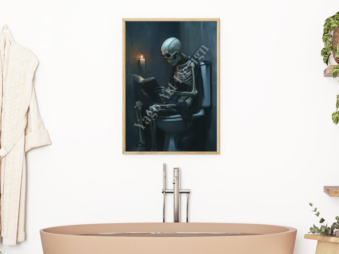 Skeleton Reading Book on Toilet by Candlelight Spooky Gothic Poster - Image 2