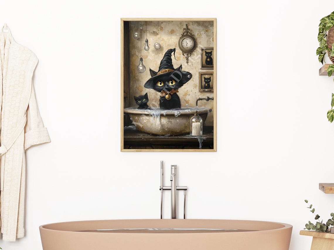 Black Cats in Vintage Bathtub Witch Hat Cute Halloween Art Poster - Image 3