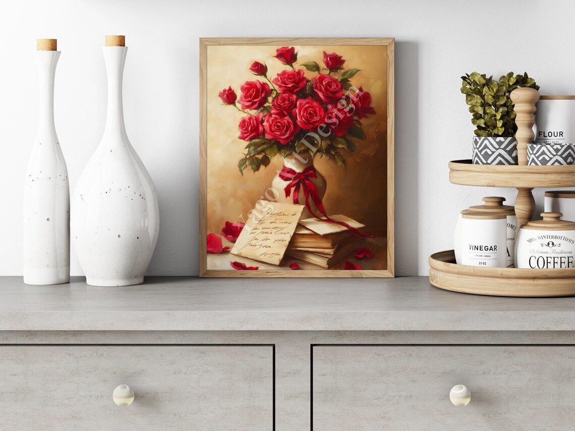 Red Roses Bouquet with Love Letter Poster Vintage Valentine Art - Image 3