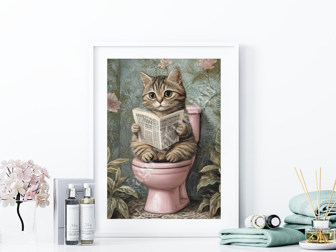 Tabby Kitten On Pink Toilet Reading Newspaper Funny Bathroom Poster - Image 3