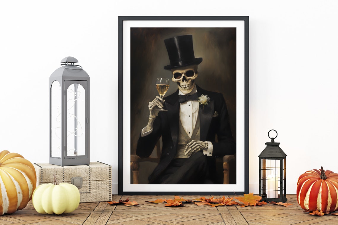 Elegant Skeleton Gentleman Champagne Top Hat Gothic Halloween Poster - Image 3