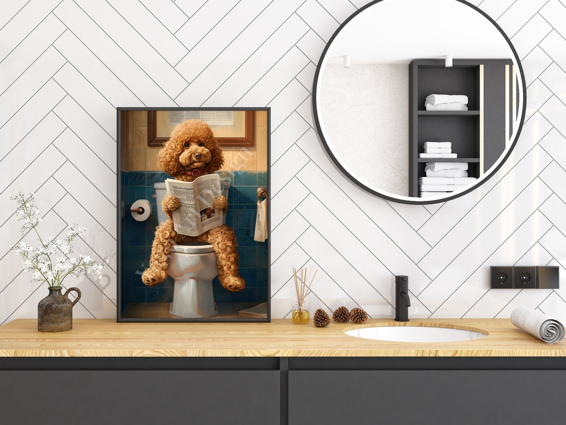Funny Apricot Poodle Reading Newspaper on Toilet Bathroom Poster - Image 2
