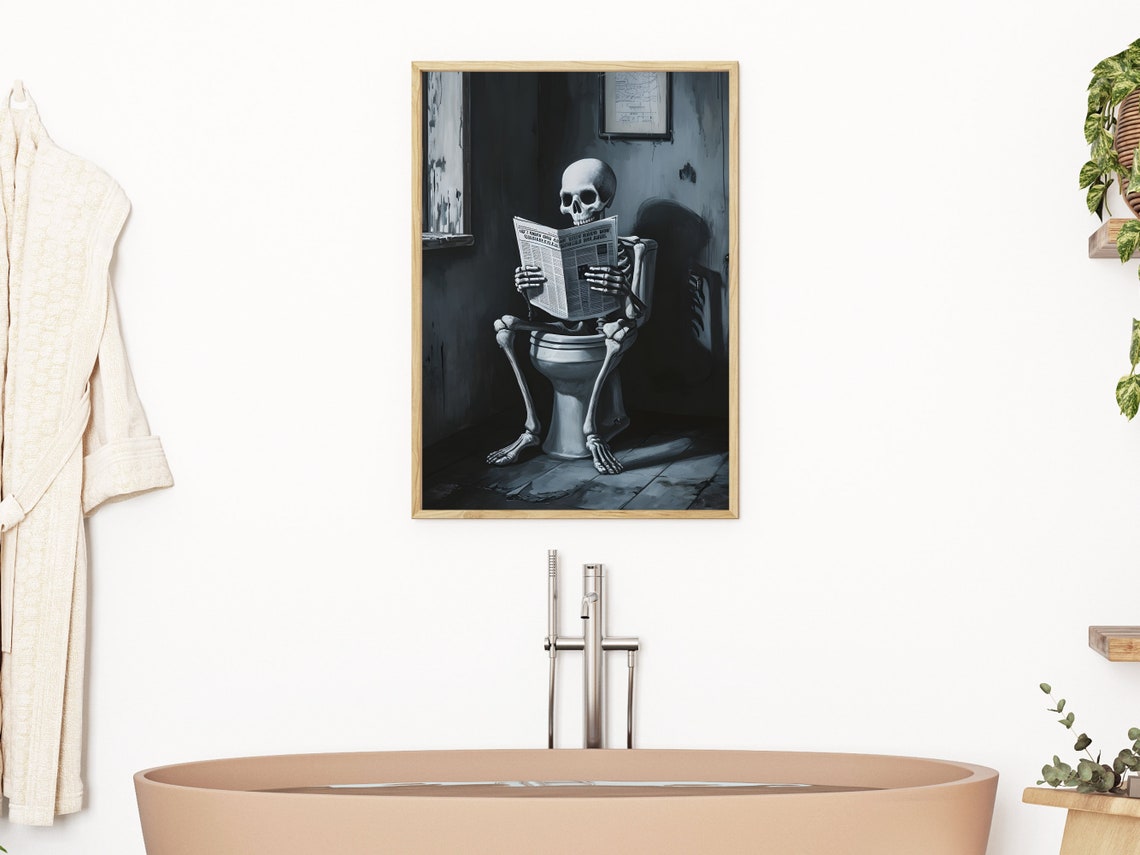 Skeleton On Toilet Reading Newspaper Dark Funny Halloween Print - Image 3