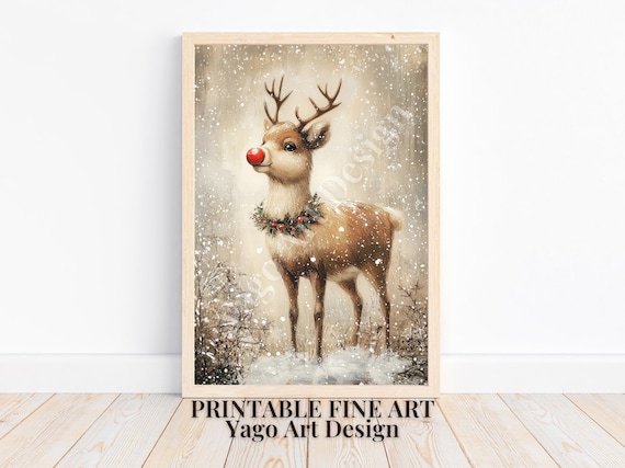 Rudolph Portrait Christmas Decor, Vintage Holiday Art Print