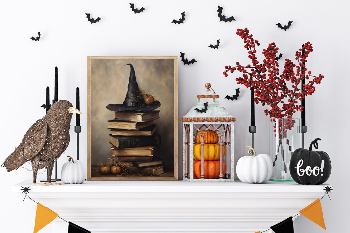 Witch Hat on Stack of Old Books with Pumpkins Halloween Poster - Image 4