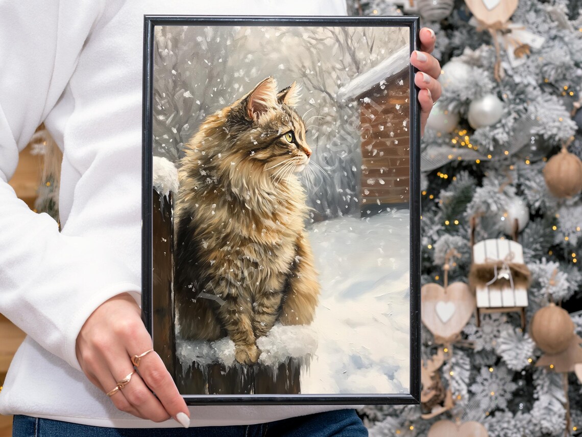 Fluffy Golden Cat Sitting on Snowy Fence Winter Forest Art Poster - Image 4
