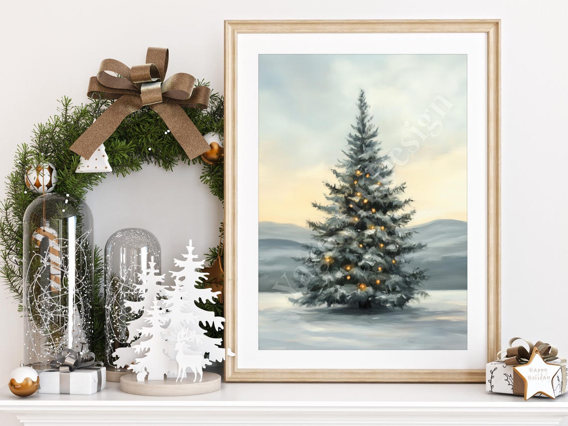 Snowy Christmas Tree Warm String Lights Winter Landscape Poster - Image 2