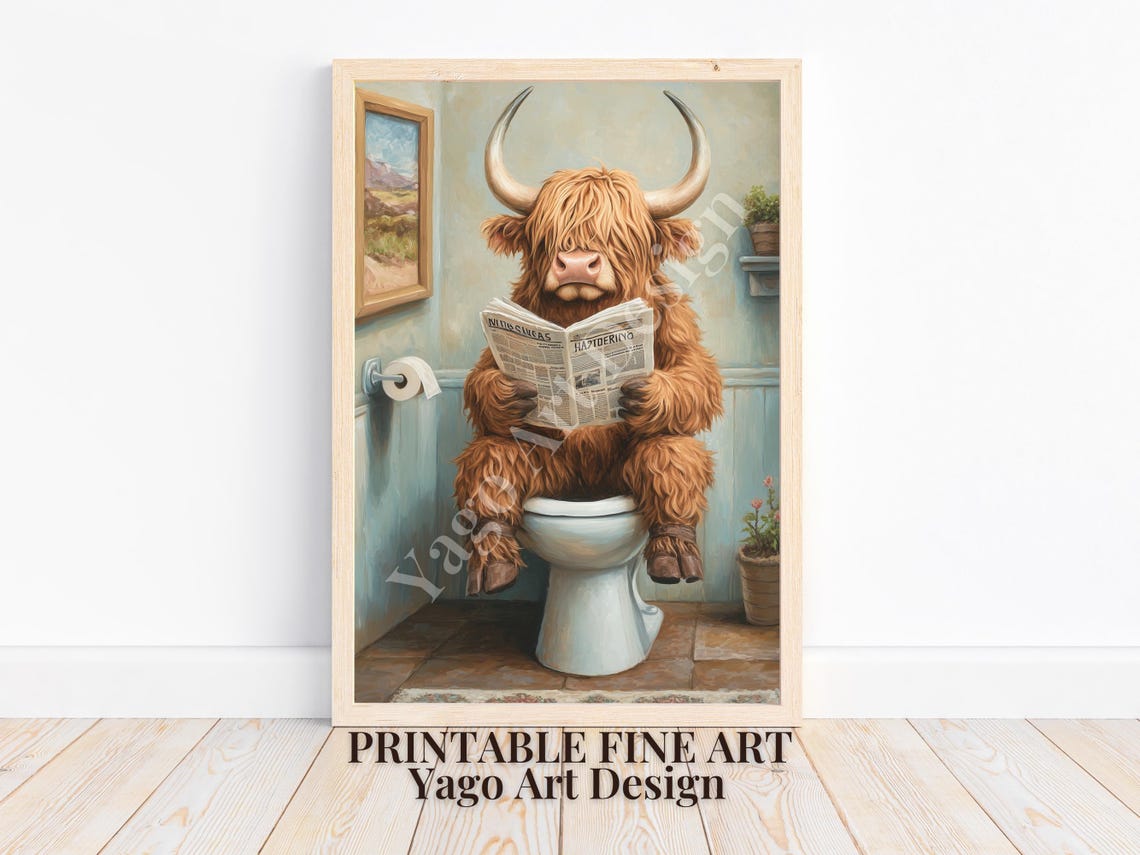 Highland Cow Sitting On Toilet Art Print Funny Bathroom Print Animal On Toilet Poster Whimsy Animal Wall Art Modern Pastel Fine Painting