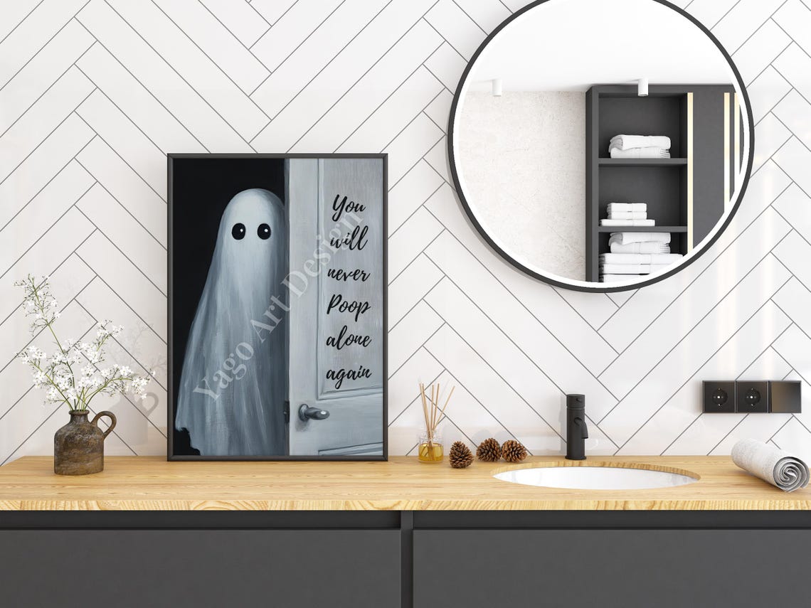 Cute Ghost Peeking Behind Door Funny Never Poop Alone Bathroom Poster - Image 2