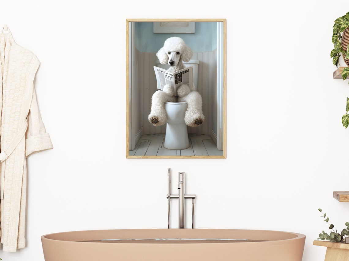 White Poodle Reading Newspaper on Toilet Fun Bathroom Decor Poster - Image 3