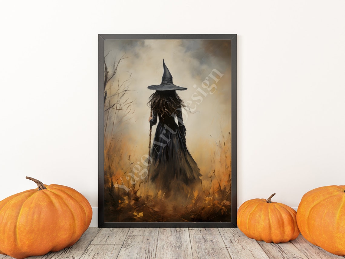 Witch From Behind Misty Autumn Field Moody Halloween Wall Art - Image 3