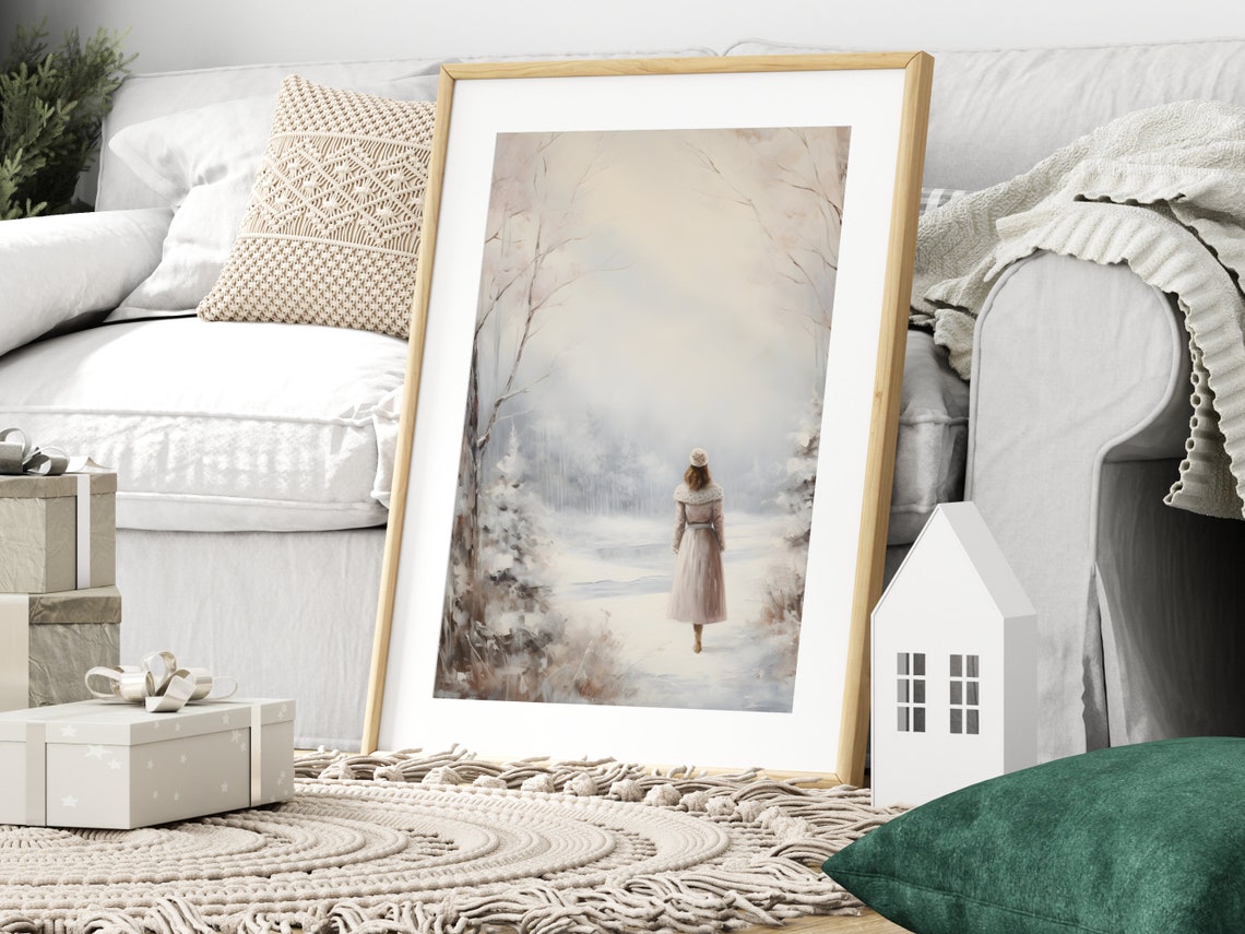 Woman Walking Down Snowy Path Soft Winter Landscape Art Poster - Image 3