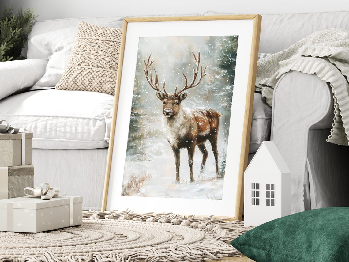 Reindeer in Snowy Forest Poster Winter Woodland Wildlife Fine Art - Image 3