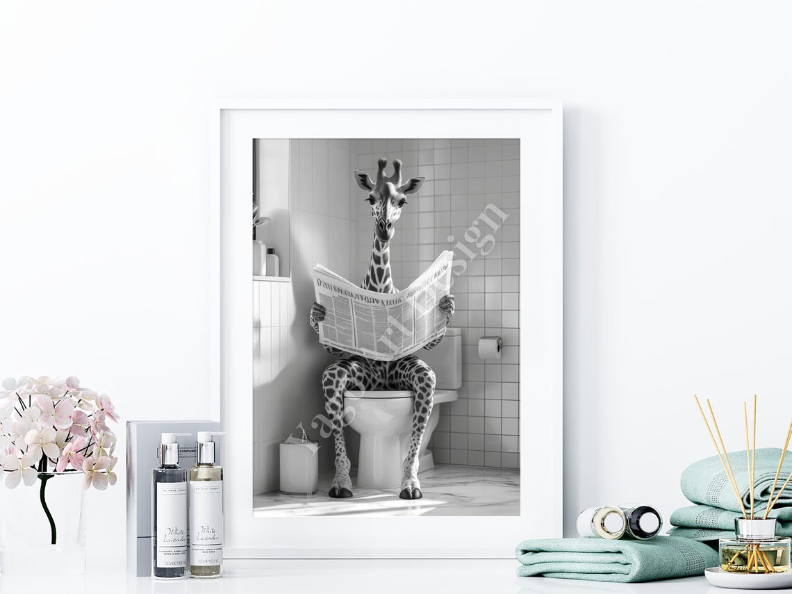 Giraffe Reading Newspaper on Toilet Poster Funny Bathroom Decor - Image 4