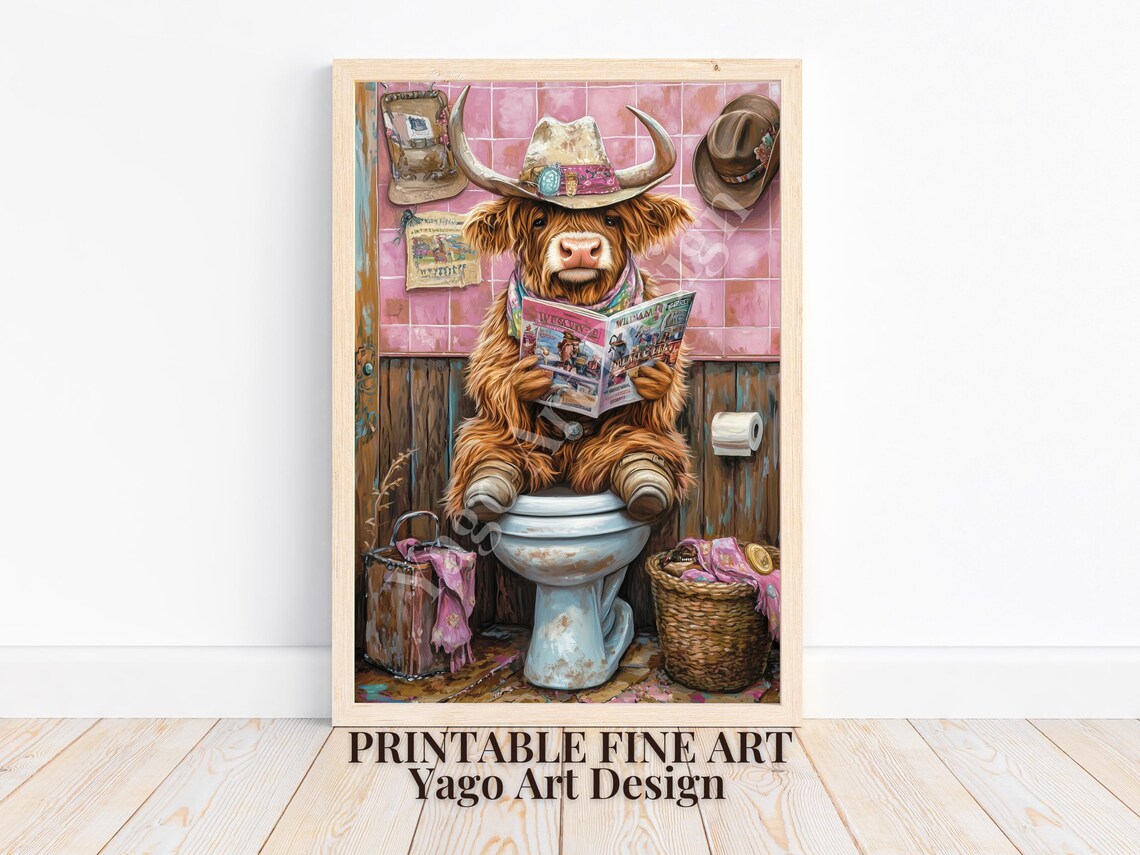 Baby Highland Cow In Cowboy Hat On Toilet Funny Bathroom Poster - Image 4
