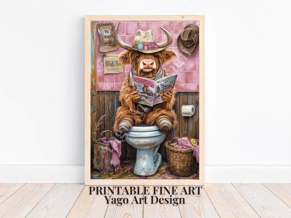 Cowgirl Highland Cow Sitting On Toilet Art Print Rustic Farmhouse Bathroom Decor Trendy Preppy Pink Toilet Poster Cute Western Cowgirl - Image 4