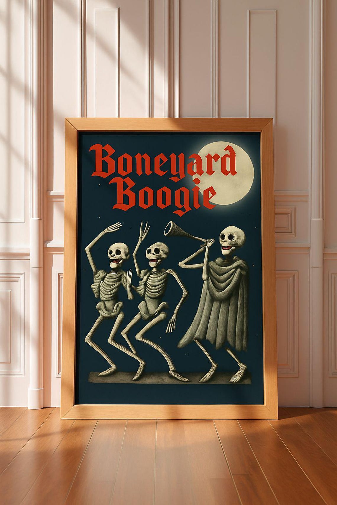 Boneyard Boogie Dancing Skeletons Full Moon Retro Halloween Poster