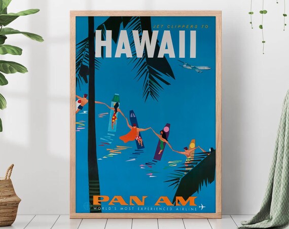 Jet Clippers to Hawaii Pan Am Surfers Vintage Palm Travel Poster