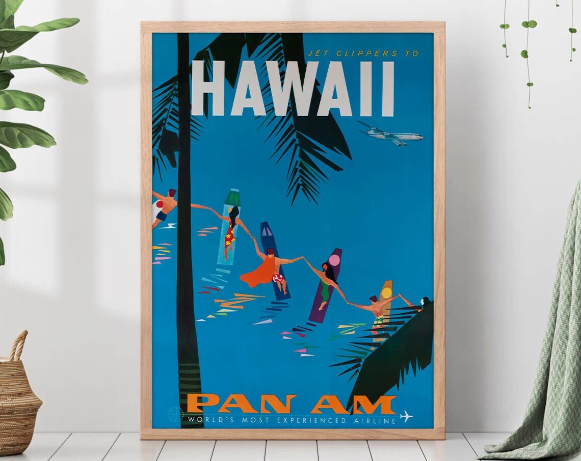 Jet Clippers to Hawaii Pan Am Surfers Vintage Palm Travel Poster
