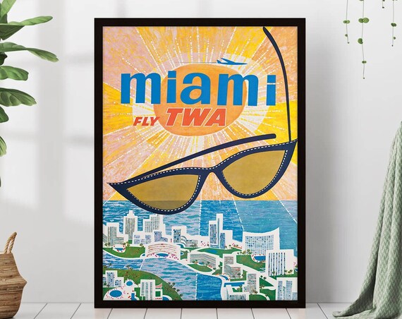 Miami Fly TWA Sunglasses Sun Vintage Florida Airline Travel Poster