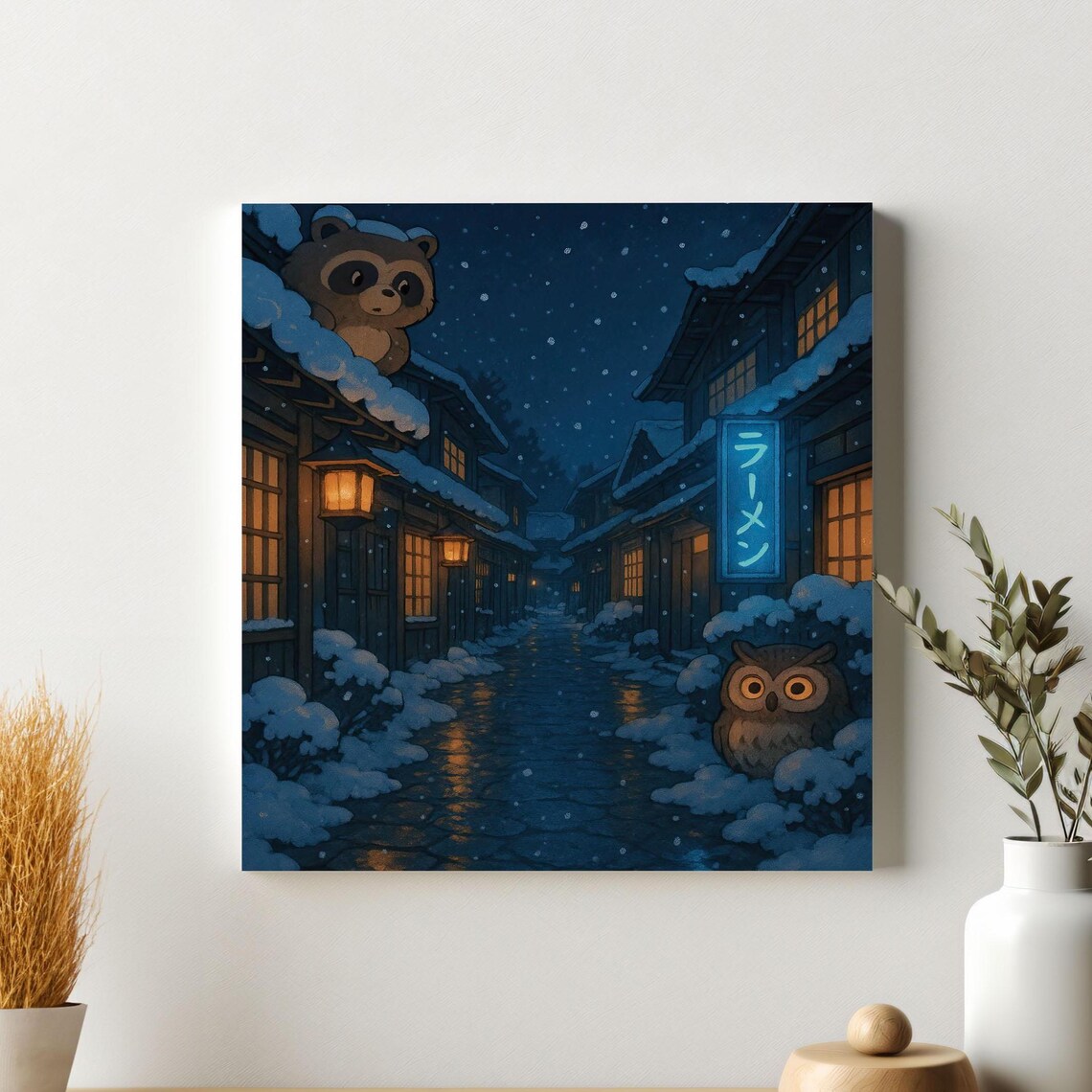 Snowy Japanese Alley Night Owl Tanuki Ramen Sign Anime Poster