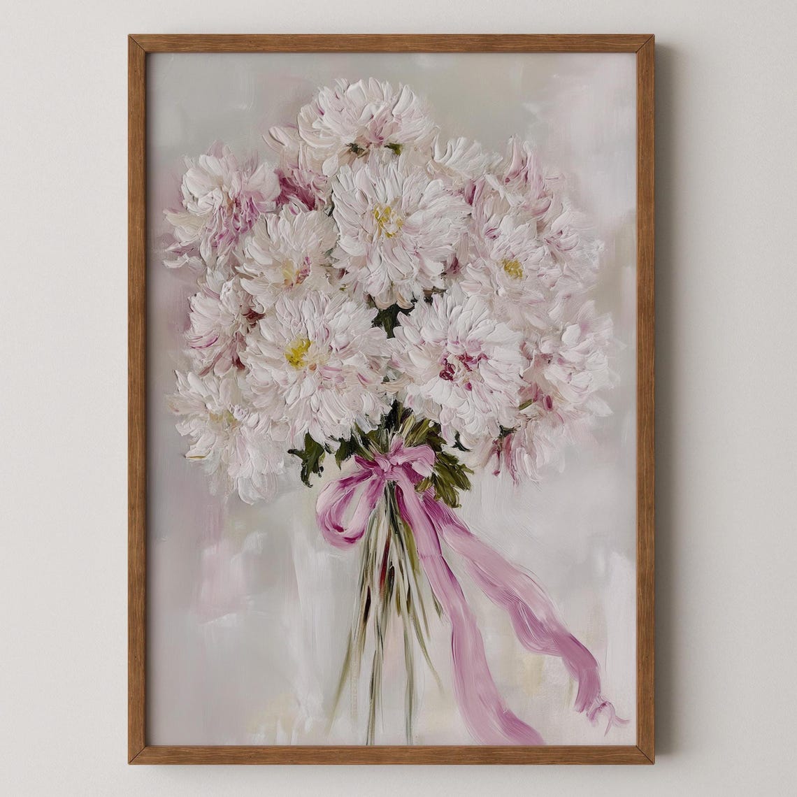 White Chrysanthemum Bouquet with Pink Ribbon Oil Painting Poster
