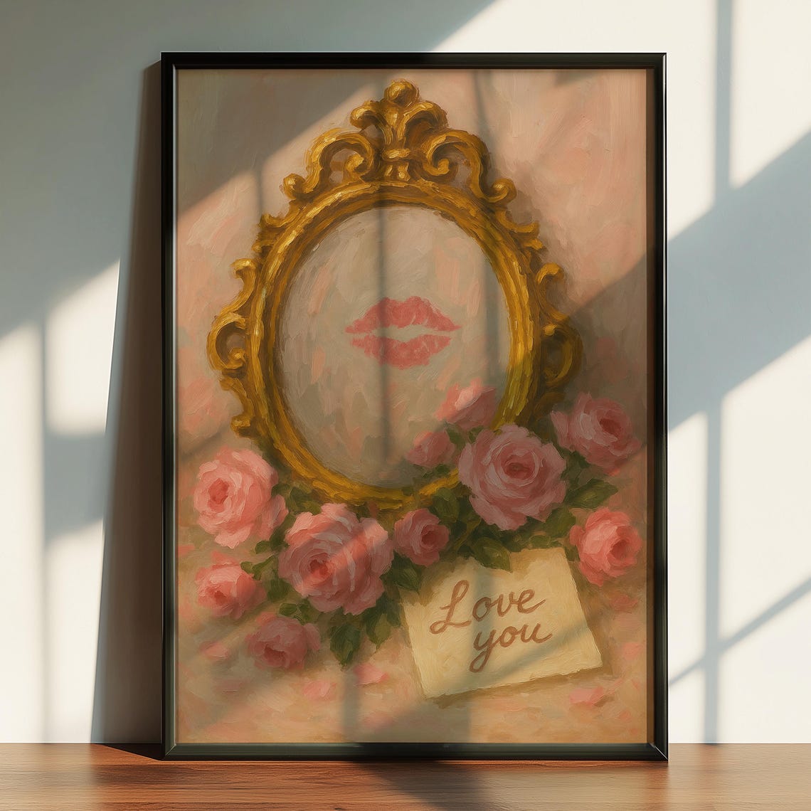 Gold Mirror Lipstick Kiss Roses Love You Note Coquette Poster