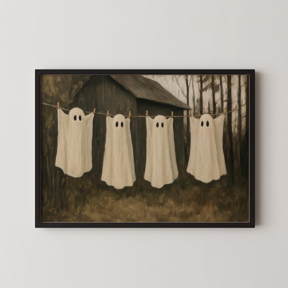 Whimsical Clothesline Art Print Spooky Halloween Decor For Rustic Farmhouse Autumn Wall