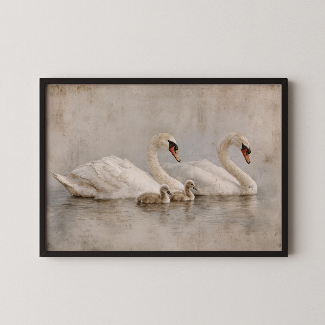Swan Family With Cygnets Swimming Vintage Neutral Nursery Painting Poster