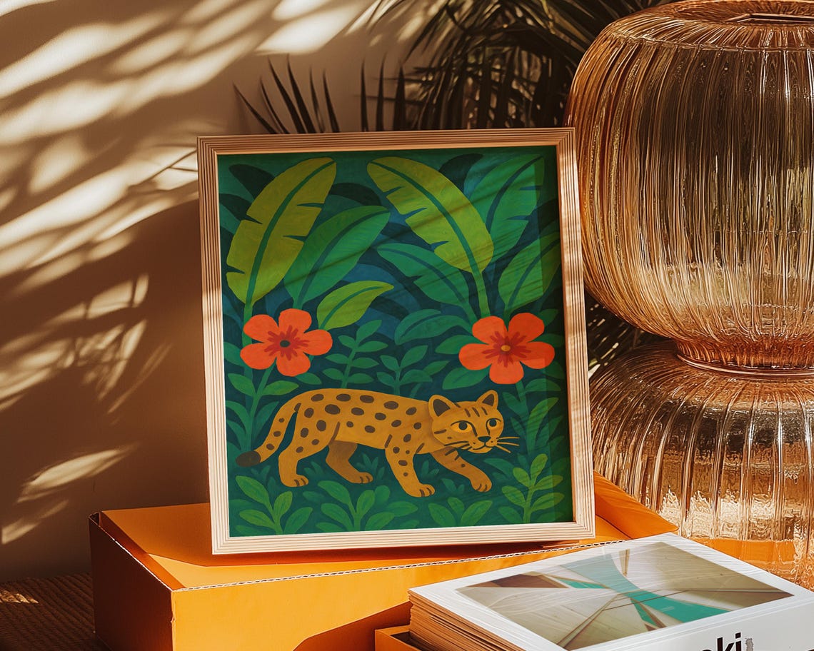Playful Jungle Cat Tropical Leaves Orange Flowers Square Art Poster