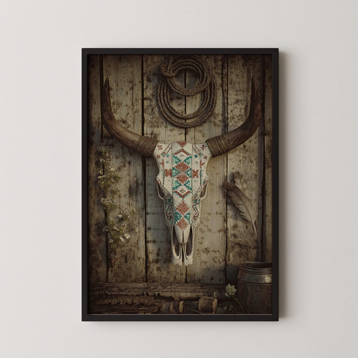 Beaded Longhorn Skull Southwestern Tribal Rustic Farmhouse Wall Art