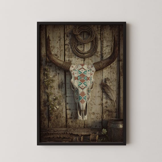 Beaded Longhorn Skull Southwestern Tribal Rustic Farmhouse Wall Art