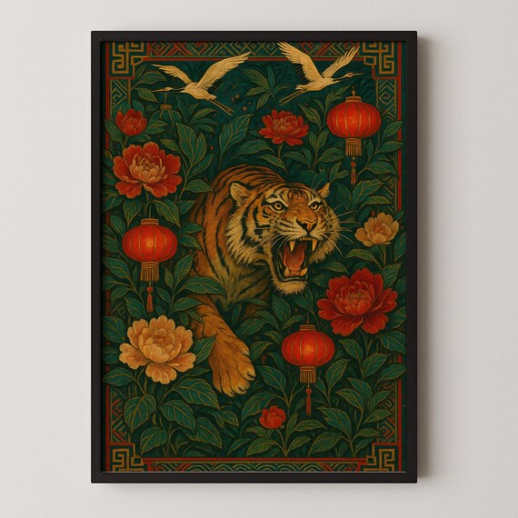 Roaring Tiger Asian Art Print Maximalist Jungle Decor A0 24x36 Inches Jpegs
