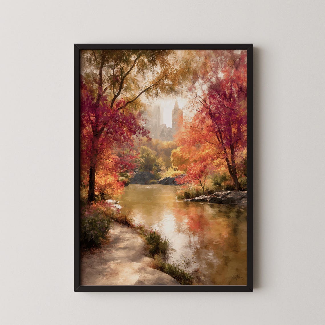 Autumn Central Park NYC Fall Foliage Lakeside Watercolor Poster