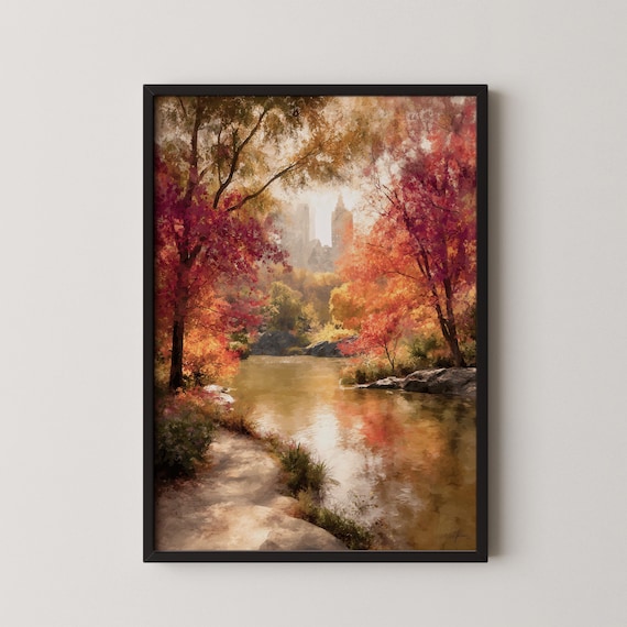 Autumn Central Park NYC Fall Foliage Lakeside Watercolor Poster