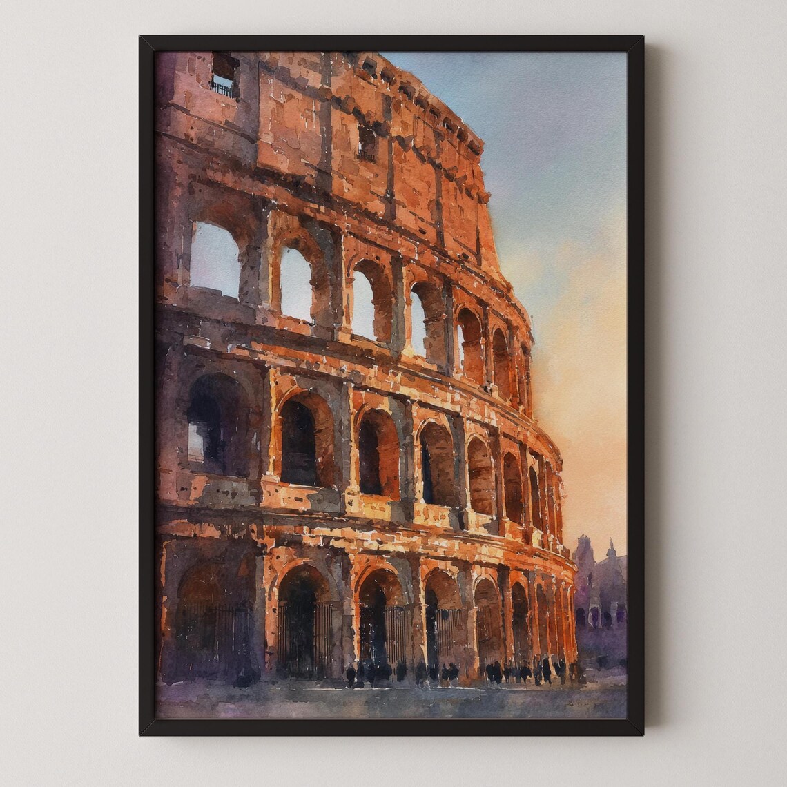 Colosseum at Sunset Watercolor Rome Italy Landmark Travel Poster
