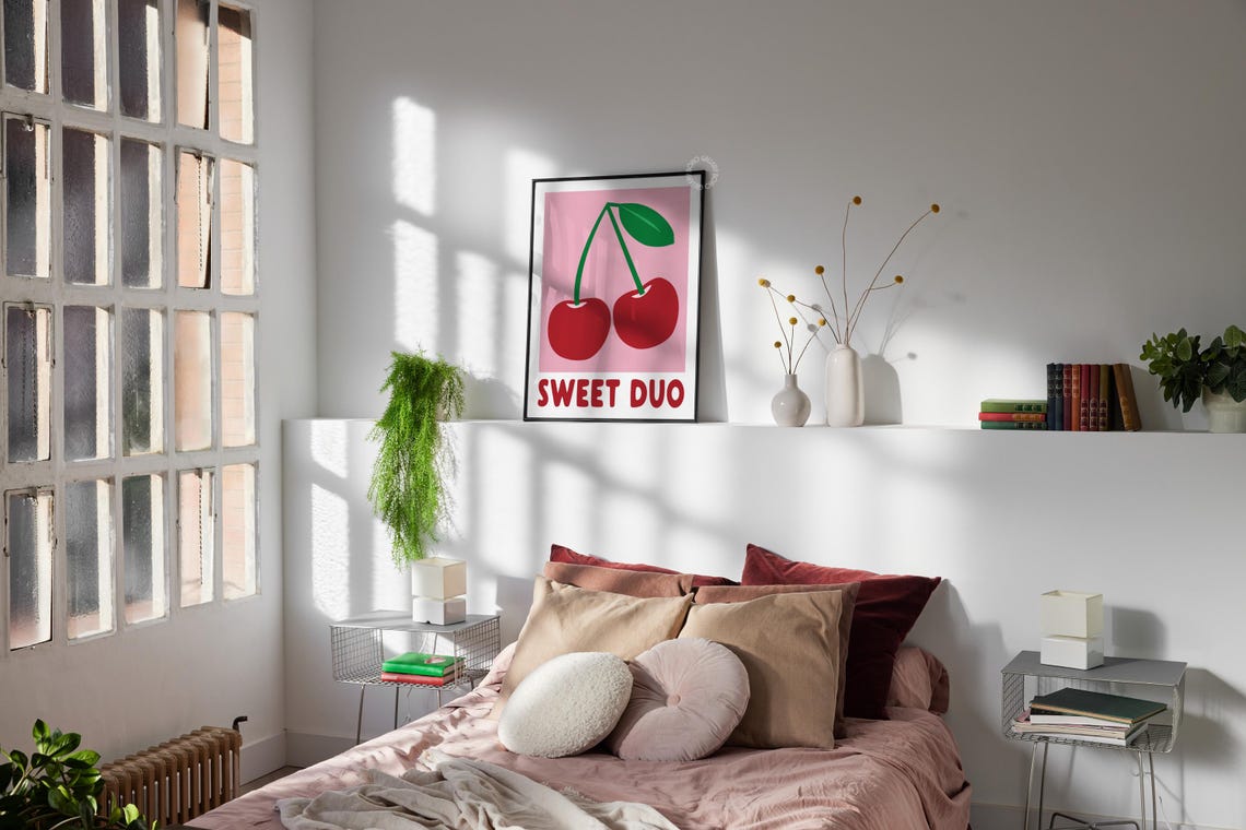 Sweet Duo Giant Red Cherries Retro Pink Kitchen Pop Art Poster - Image 2